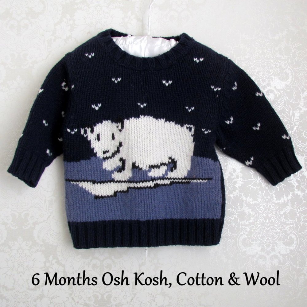 BABY SWEATER, OSH KOSH COTTON & WOOL w POLAR BEAR & HEARTS, 6 MONTHS
